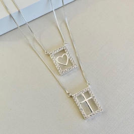 Colar duplo Cruz e Coração Cravejados