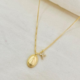 Colar medalhinha Nossa Senhora e crux cravejada
