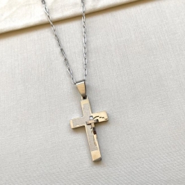 Corrente cartier com crucifixo duplo e pai nosso steel 70cm