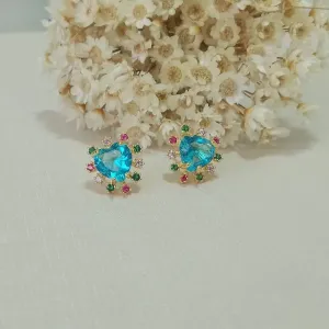 Brinco coração azul água com zircônias colors separadas
