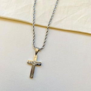 Corrente cordão baiano com cruz com Jesus steel 60cm