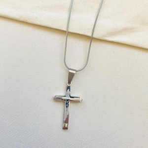 Corrente cordão rabo de rato com cruz Pai nosso steel 70cm