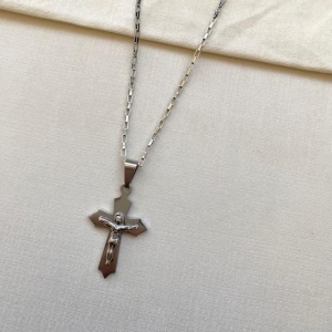 Corrente tijolinho com cruz com Cristo steel 60cm