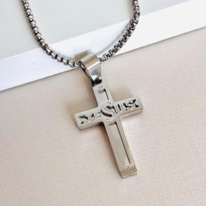 Corrente pipoca com cruz com Jesus steel 60cm