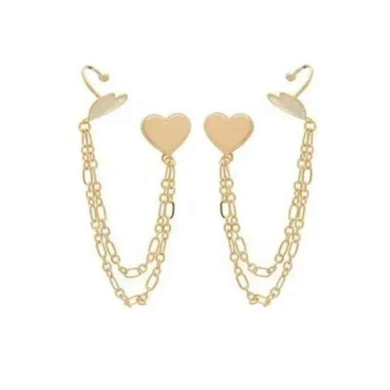 Brinco ear cuff coração com corrente