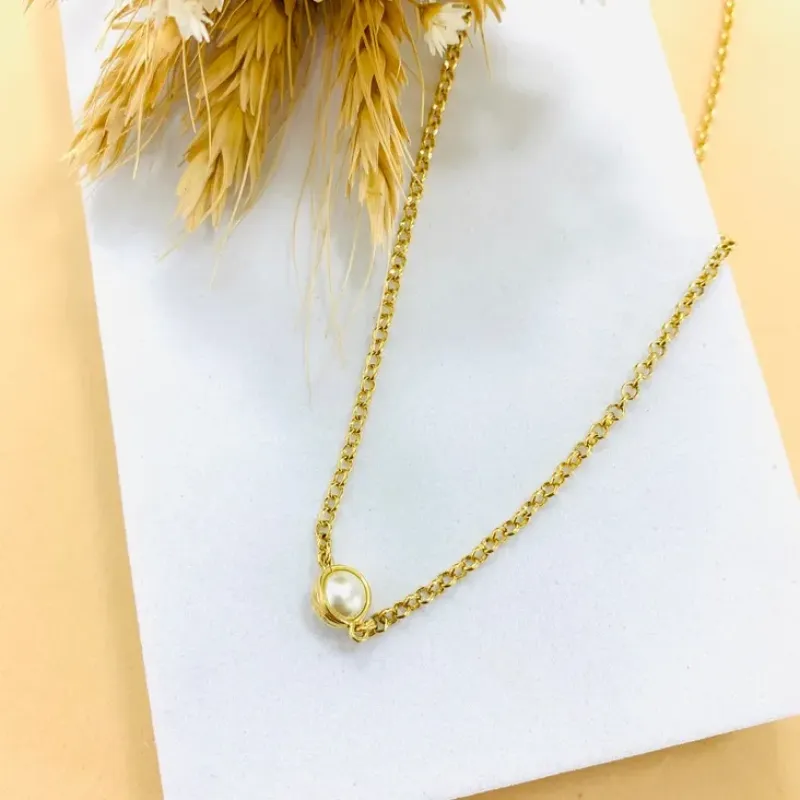 Choker elo potuguês com pérola com círculos dourados