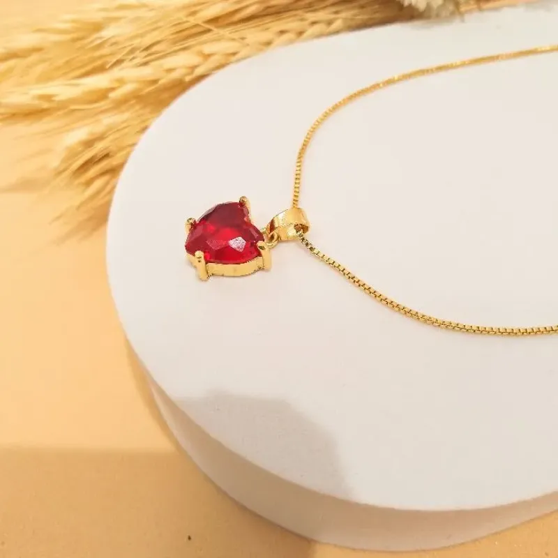Colar coração zircônia  vermelho