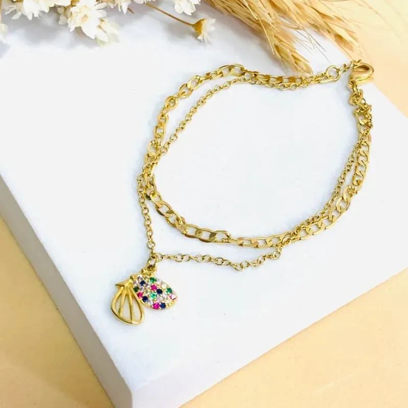 Pulseira corrente dupla com borboleta meia cravejada colors