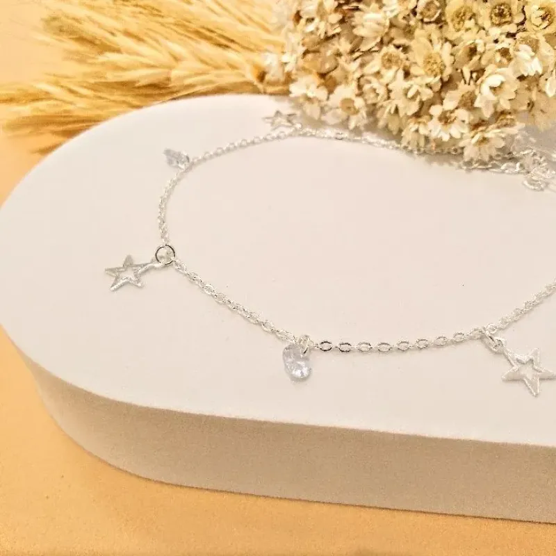 Tornozeleira estrelas com zircônias - prata