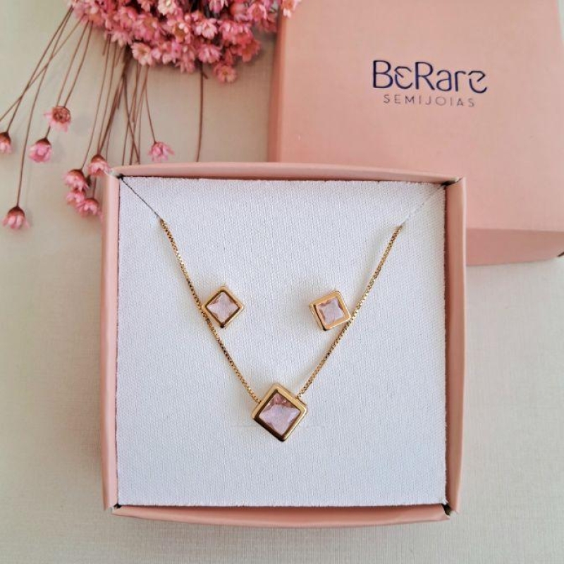 Conjunto pedra quadrada rosê