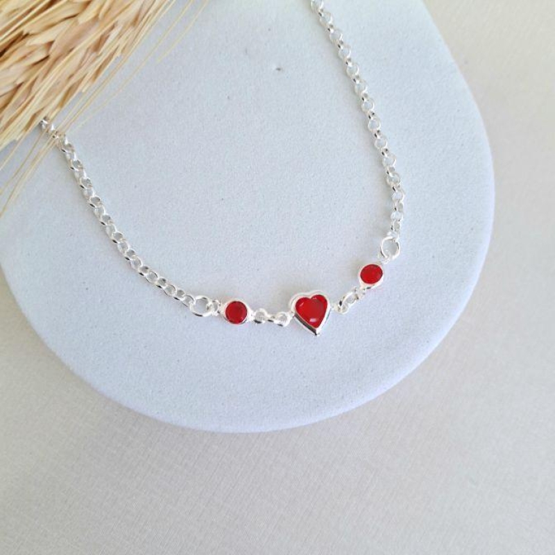 Pulseira 1 coração e 2 cristais vermelho