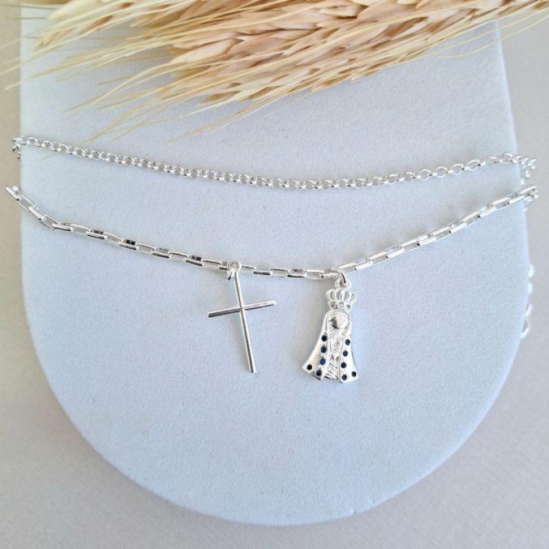 Pulseira dupla com cruz e Nossa Senhora