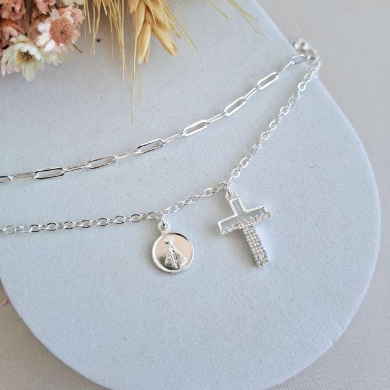 Pulseira Nossa senhora + cruz cravejada