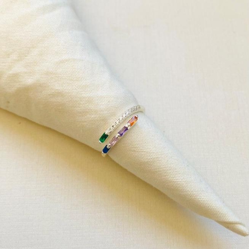 Anel cravejado com zirconias colors ajustavel prata
