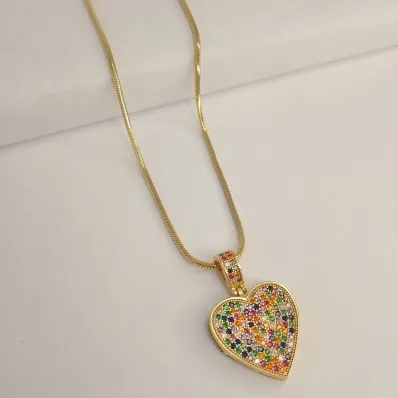 Colar luxo - coração com cristais colors e corrente rabo de rato