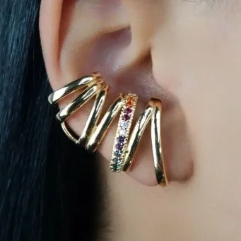 Brinco Ear Cuff luxo com fileira cravejada colors 