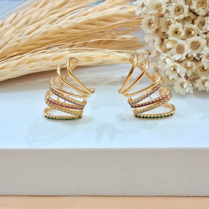 Brinco Ear Cuff luxo com quatro fileiras cravejadas colors