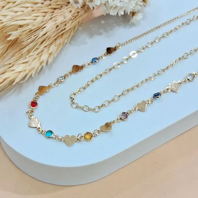 Colar duplo coraçao liso e zircônia colors