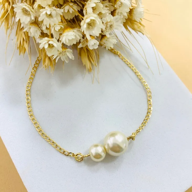 Pulseira luxo 2 pérolas g e m elo grumet