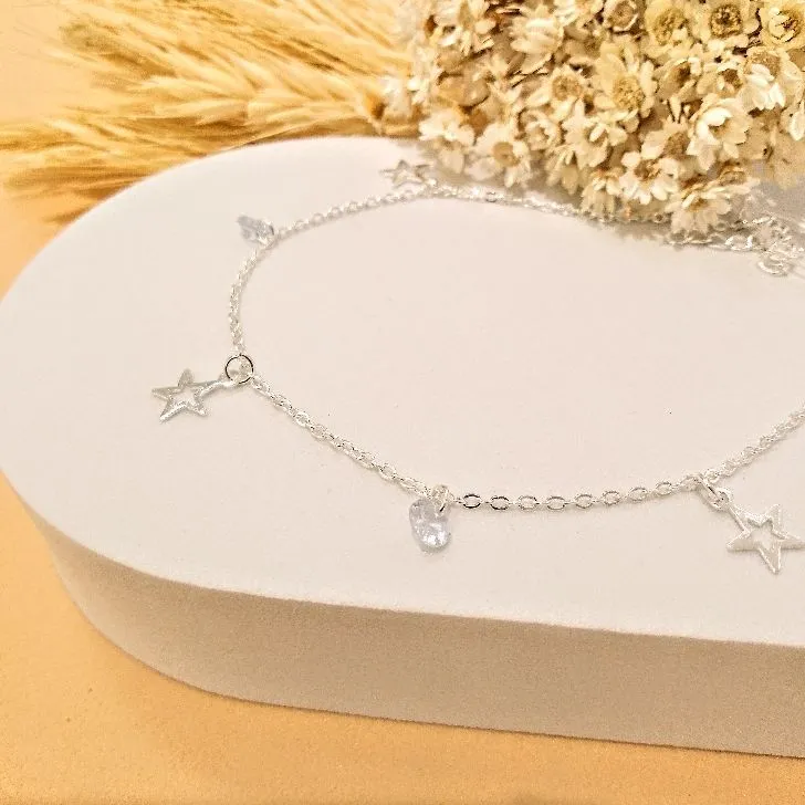 Tornozeleira estrelas com zircônias - prata