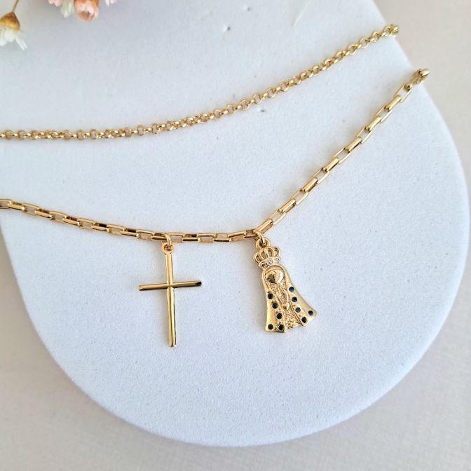 Pulseira dupla com cruz e Nossa Senhora