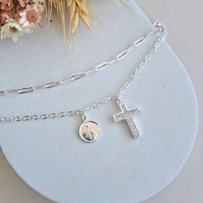 Pulseira Nossa senhora + cruz cravejada