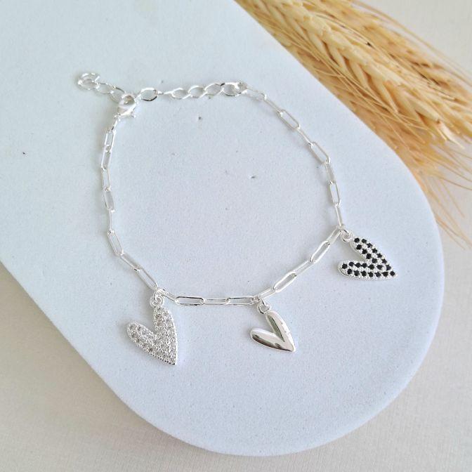 Pulseira trio de corações - liso, black e cristal