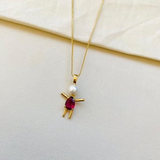 Colar bonequinho de zirconia e pérola