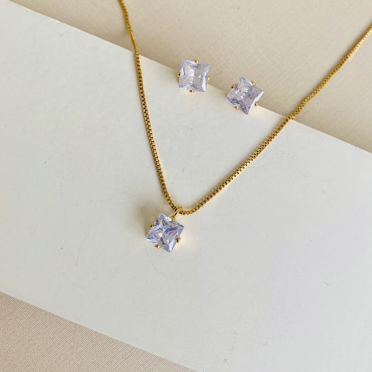 Conjunto pedra quadrada cristal