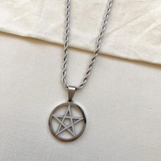 Corrente cordão baiano com estrela de Davi em círculo steel 60cm