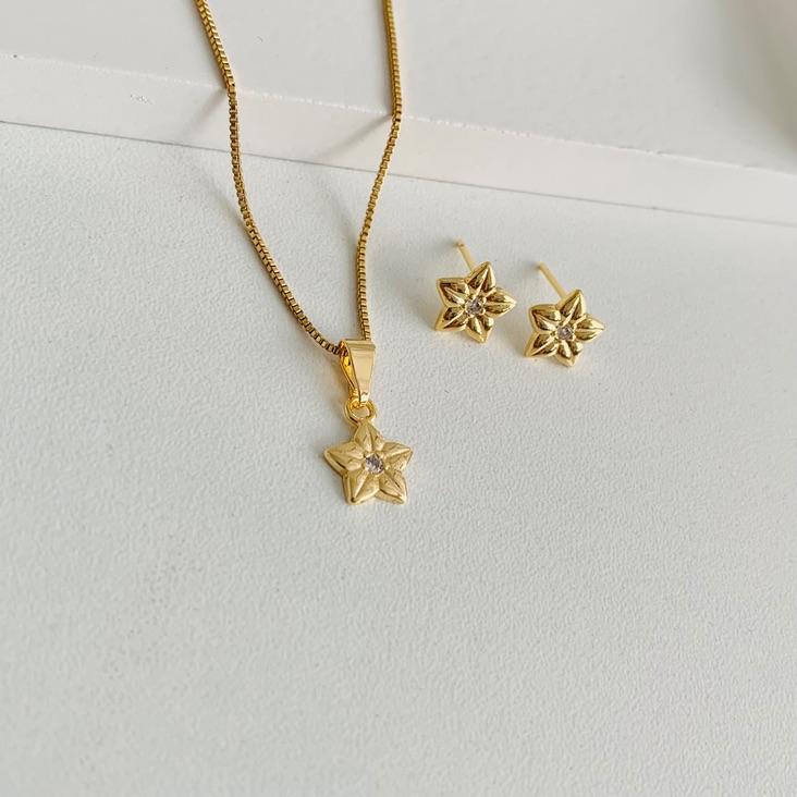 Conjunto flor com zircônia 5 pétalas
