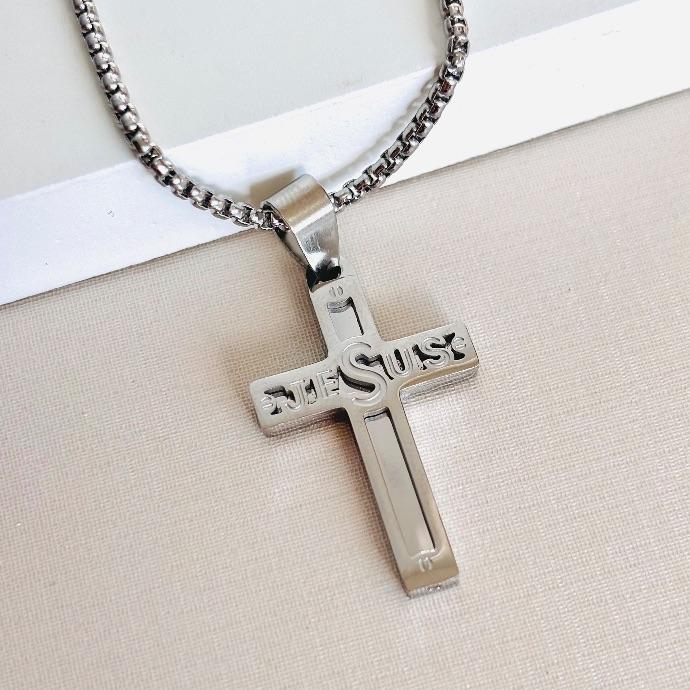 Corrente pipoca com cruz com Jesus steel 60cm