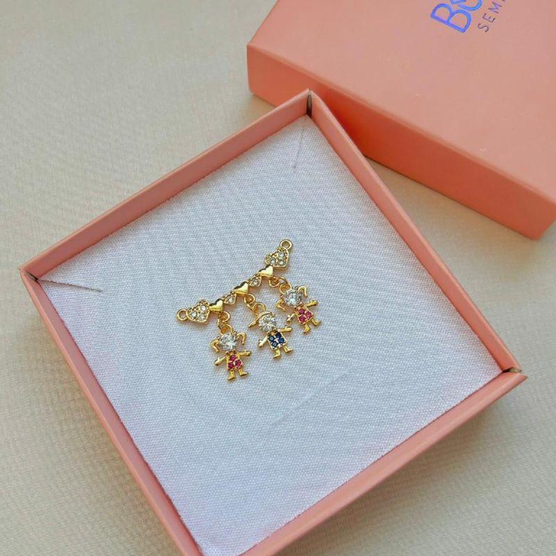 Colar canga três filhos azul e rosa com zirconia
