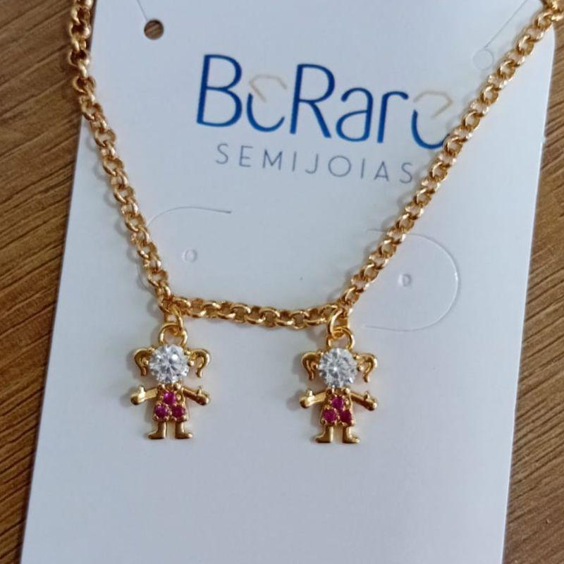 Pulseira elo portugues 2 filhos ros e azul com zirconia